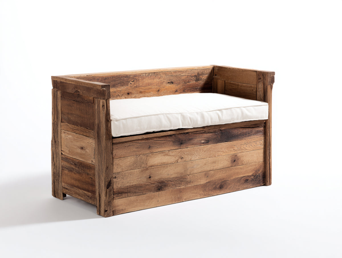 Bancos de jardín de madera maciza 118x58x86 cm - marrón natural - con cojín crema y almacenamiento integrado