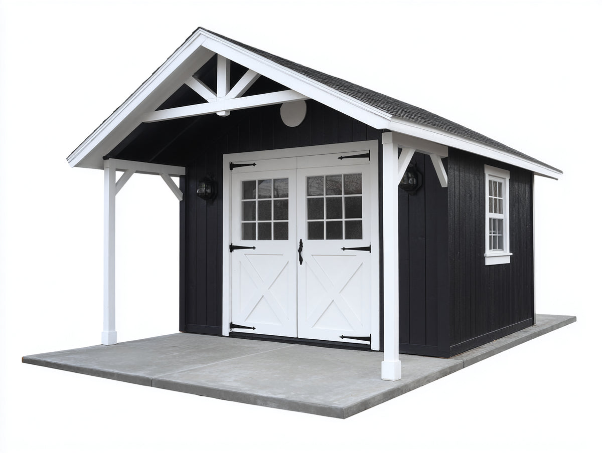 Caseta de jardín de madera 360x240x250 cm - negro blanco y gris - con doble puerta y porche