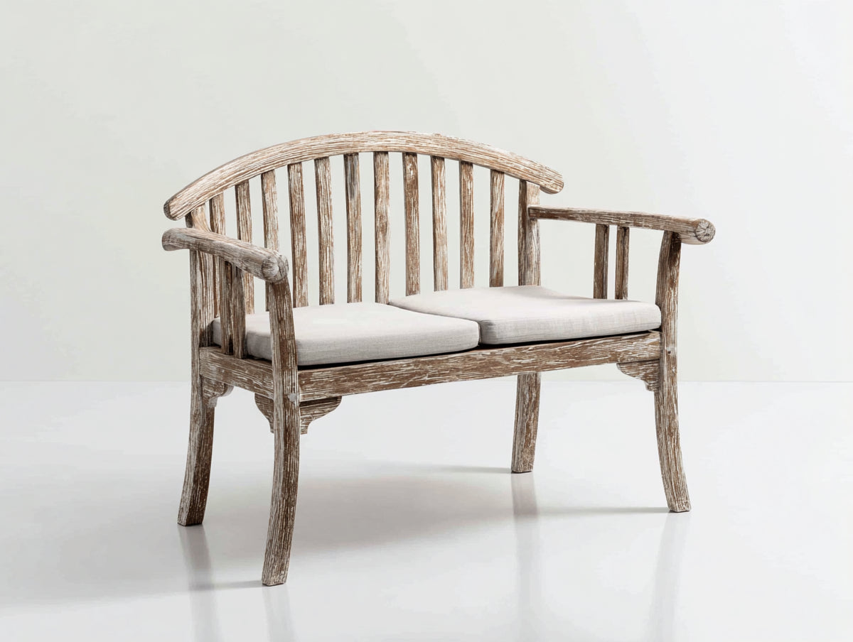 Bancos de jardín de madera envejecida 125x62x92 cm - blanco lavado-beige - banco clásico con respaldo curvo y cojines