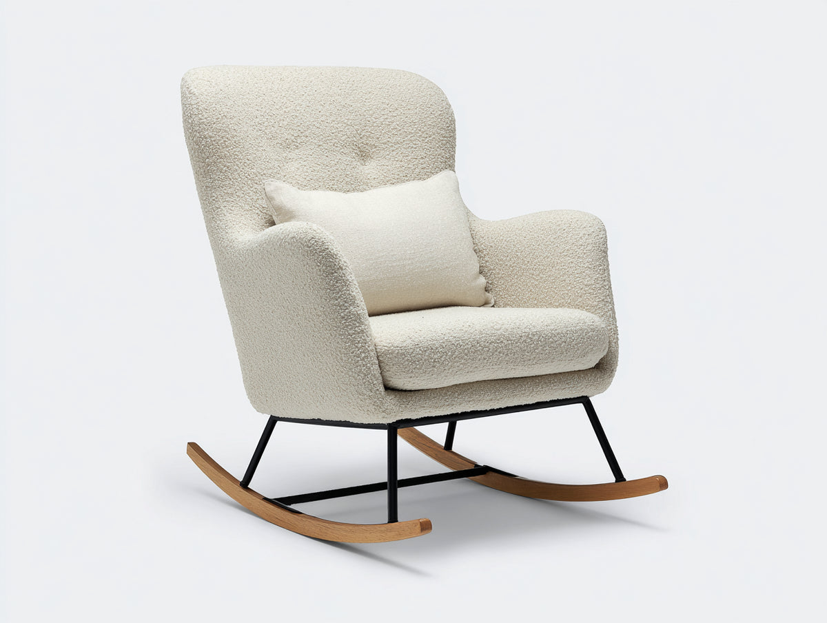 Mecedoras de tela borreguito 82x88x98 cm - color crema y madera natural - diseño moderno para salón