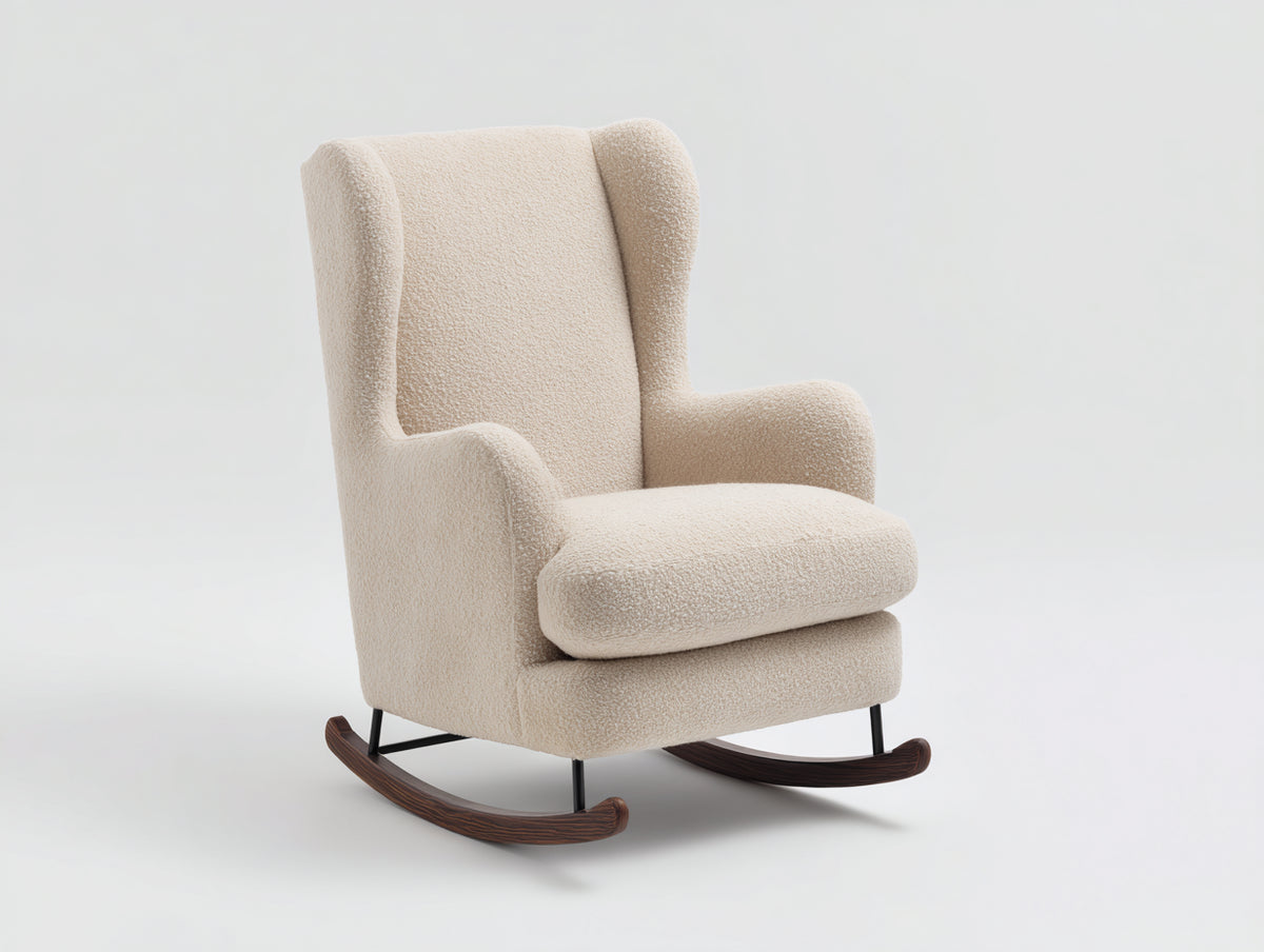 Mecedora orejera tapizada en bouclé 86x77x102 cm - beige y marrón - balanceo clásico