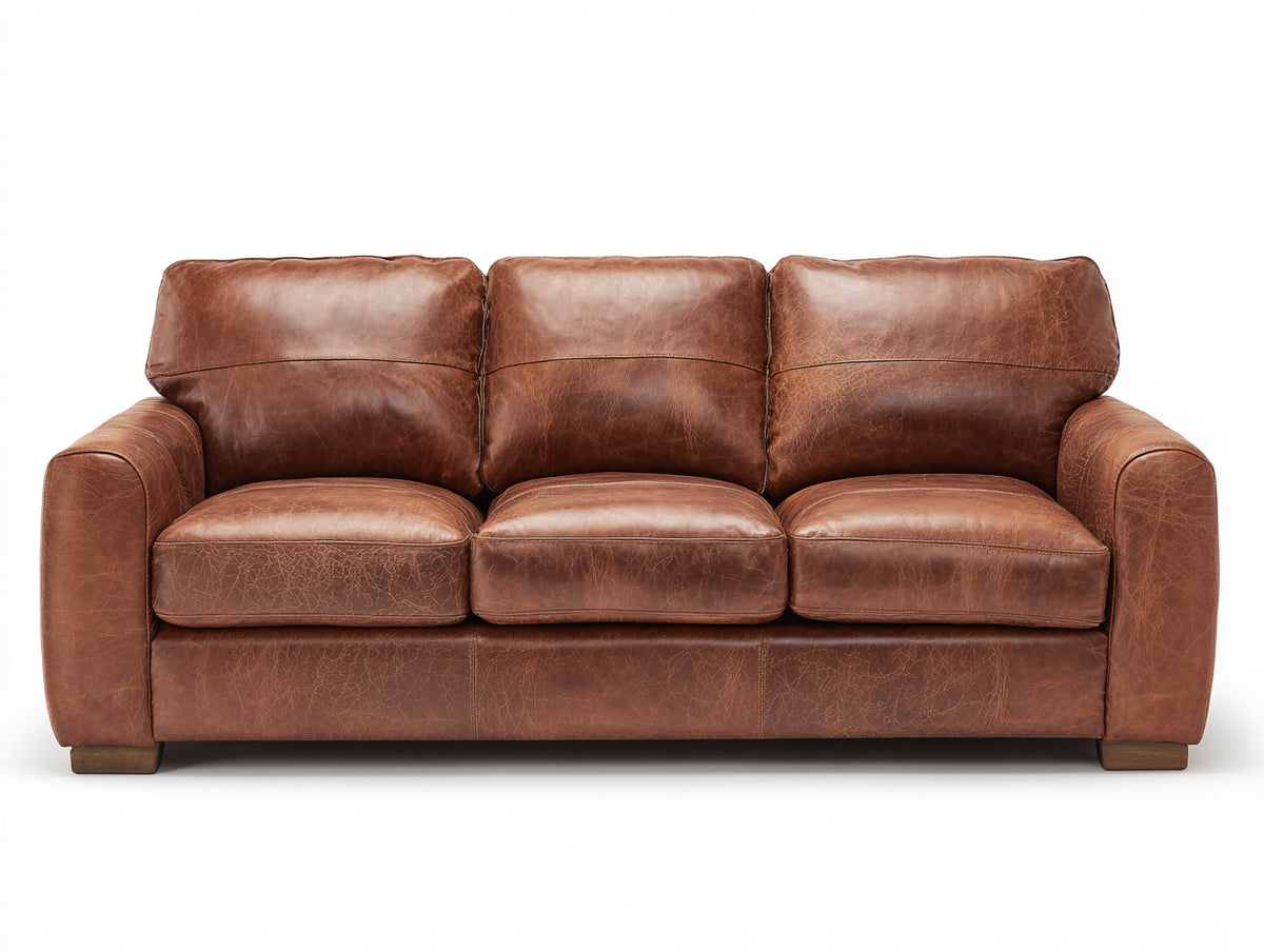 Sofás lineales de cuero vintage 220x93x85 cm - marrón - 3 plazas con brazos anchos